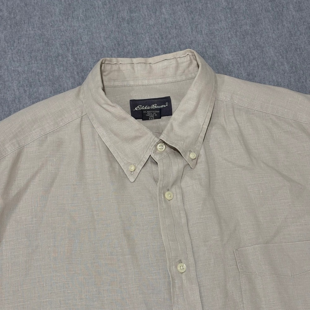 Eddie Bauer Mens XXL Tan 100% Linen Short Sleeve Button Down Shirt‎ Beige Casual
